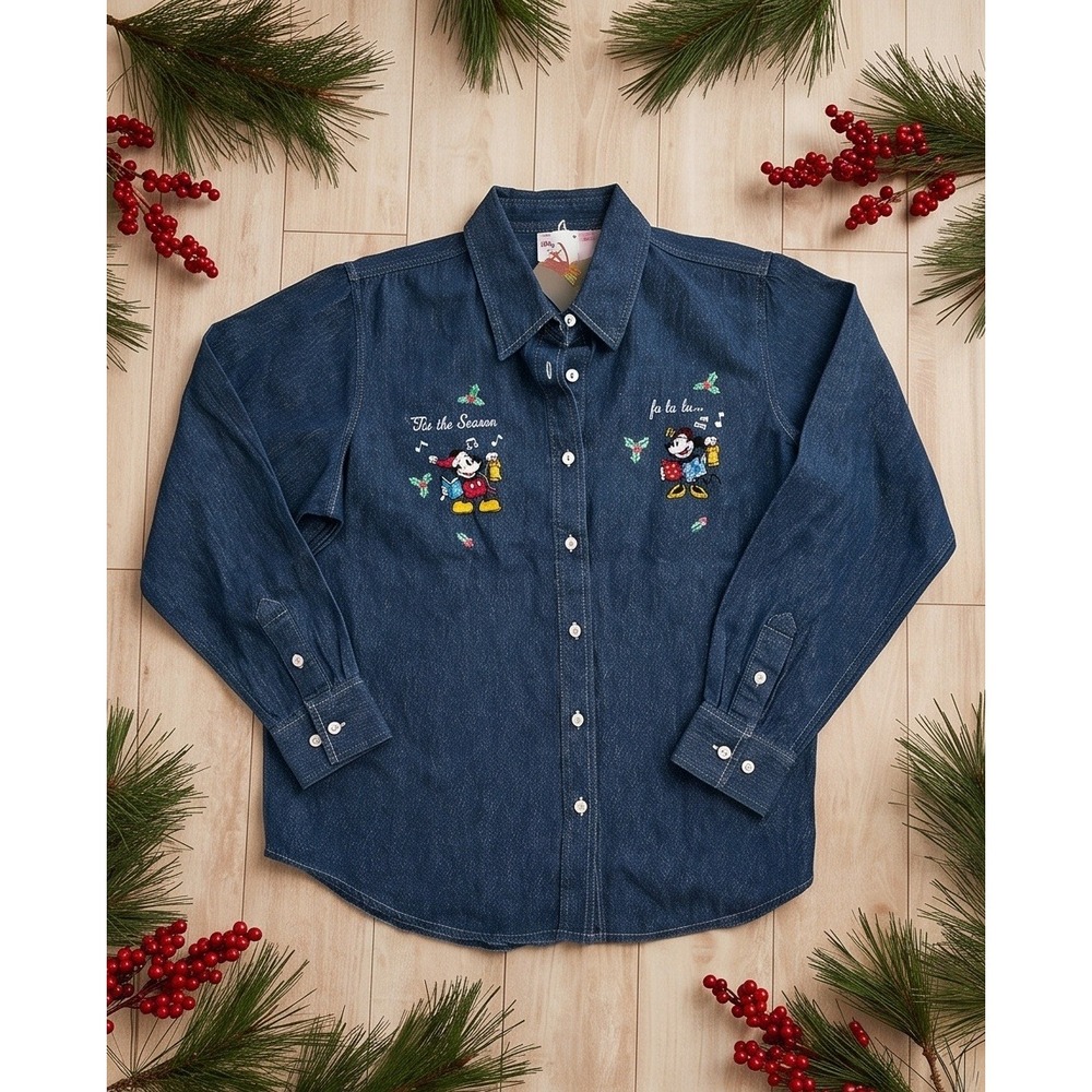 Disney L Mickey Minnie Mouse Christmas Denim Shirt Dark Wash Metallic NEW